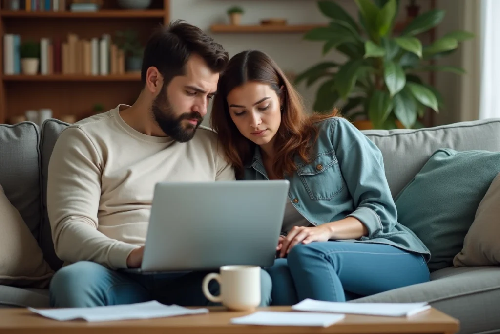 Couple comparant des offres d'assurance santé sur un ordinateur portable dans leur salon