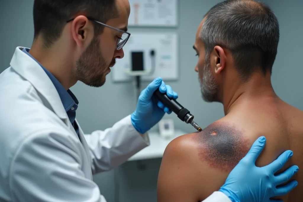 Dermatologue utilisant un dermatoscope pour examiner une verrue séborrhéique sur le dos d'un patient