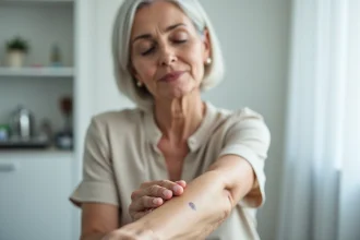 Femme d'âge mûr examinant une verrue séborrhéique sur l'avant-bras lors d'une consultation dermatologique