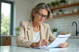 Femme d'une quarantaine d'années lisant attentivement un contrat d'assurance santé à la maison