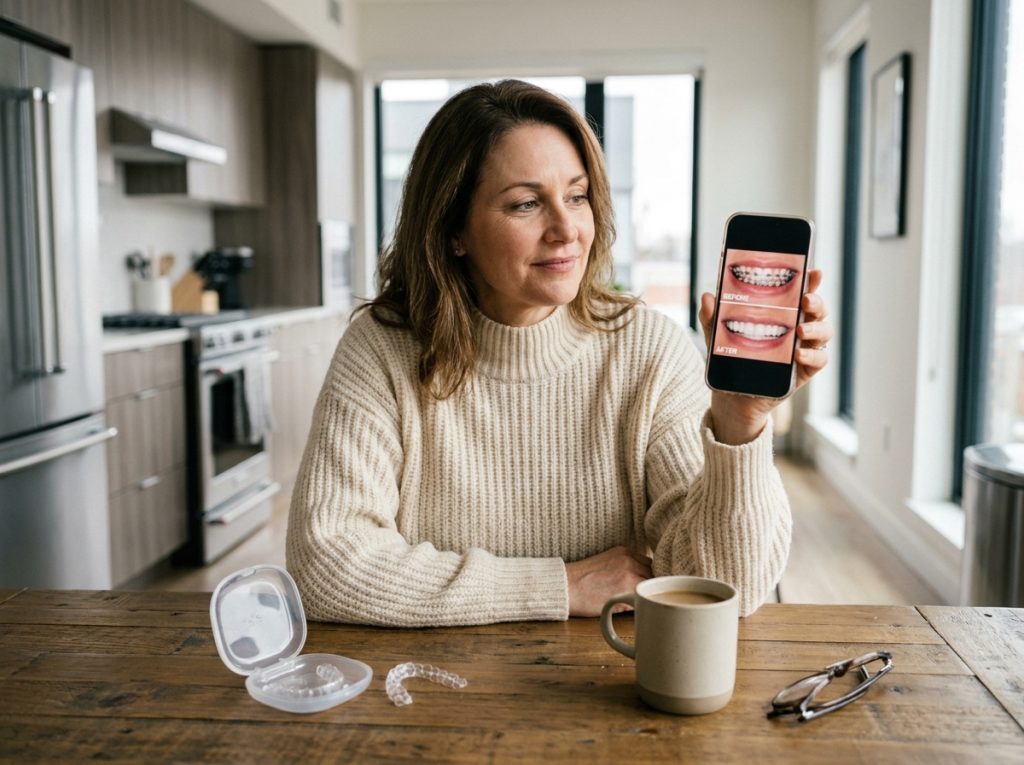 Femme d'âge mûr consultant des résultats d'orthodontie discrète sur son téléphone depuis sa cuisine