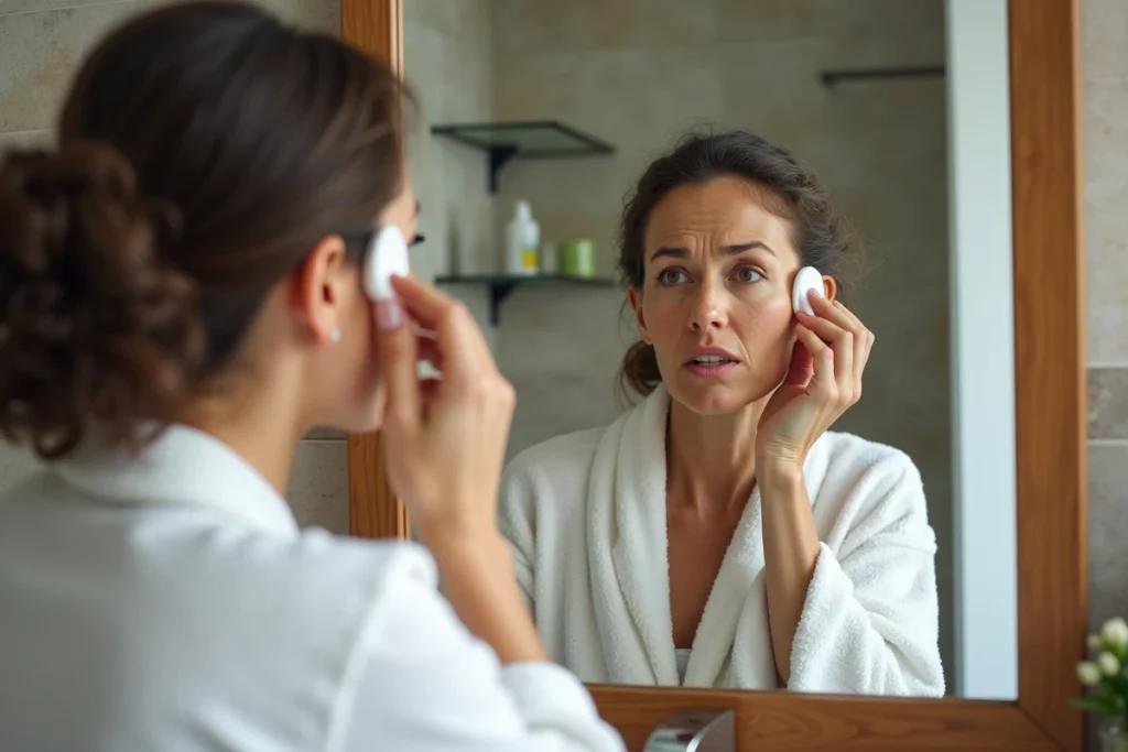 Femme appliquant un traitement topique sur une verrue séborrhéique près de la tempe devant un miroir de salle de bain