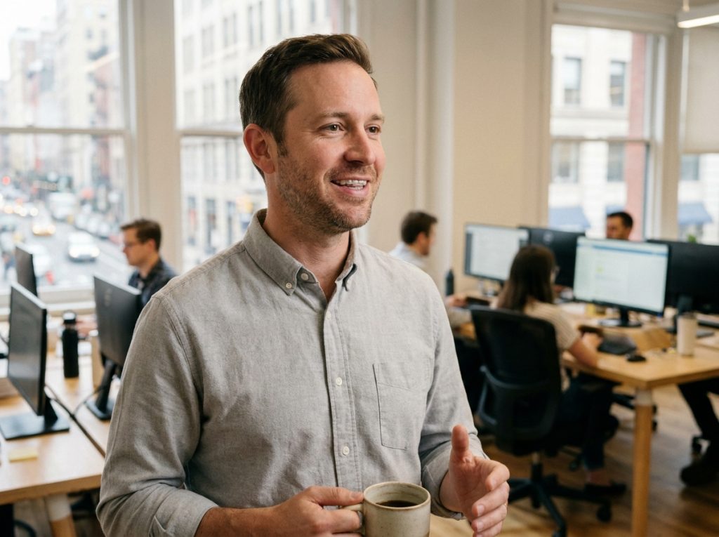 Homme adulte au bureau souriant avec un appareil dentaire discret à peine visible sur ses dents