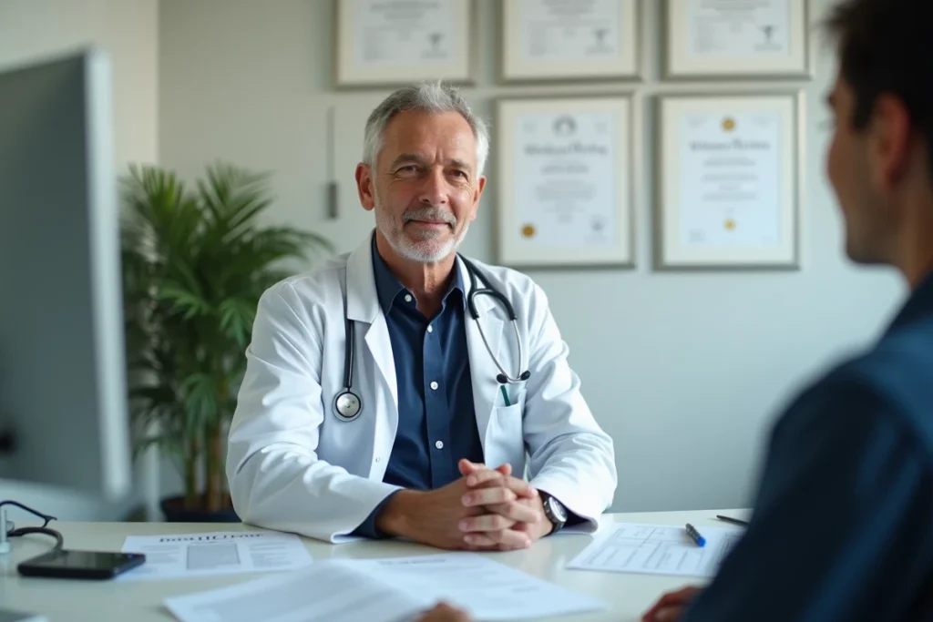 Médecin généraliste en consultation expliquant une couverture de remboursement assurance santé