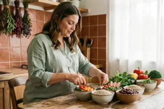 Femme enceinte préparant des repas équilibrés avec des légumes frais et céréales complètes dans une cuisine rustique