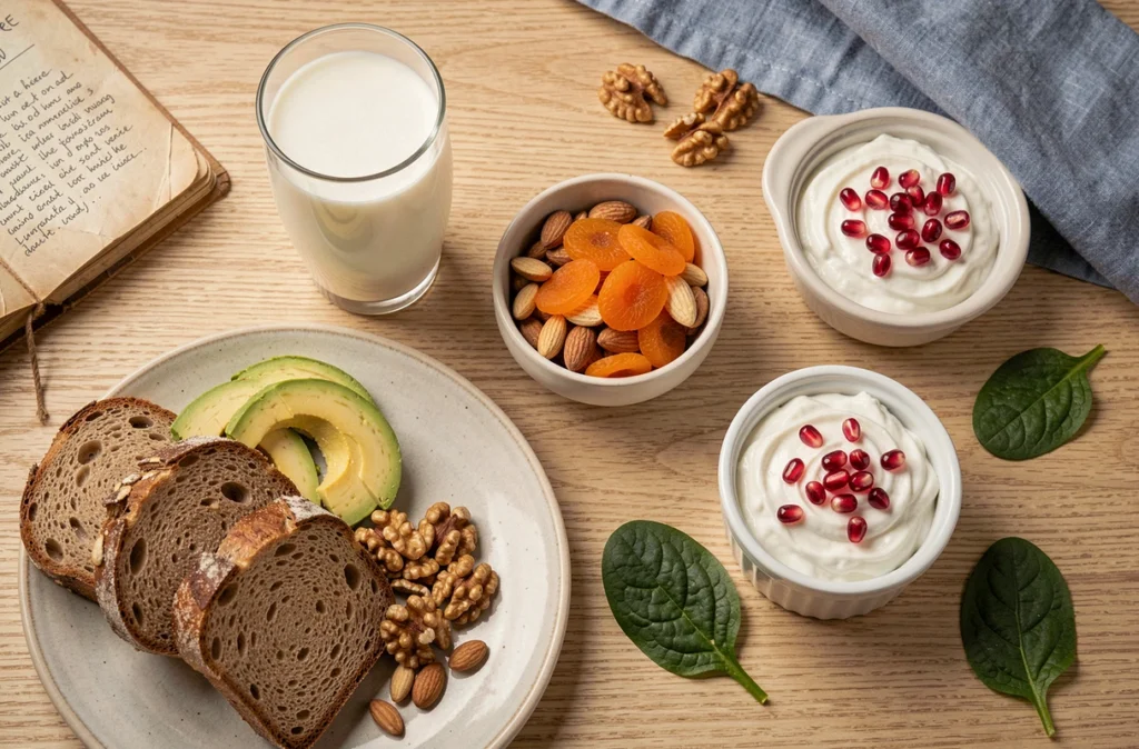 Vue du dessus d'aliments recommandés pendant la grossesse incluant noix, yaourt, avocat et céréales complètes sur une table en bois