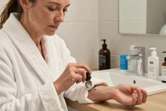 Femme appliquant du Phytargile concentré sur l'avant-bras dans une salle de bain propre