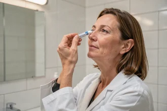 Femme appliquant une pommade ophtalmique STERDEX devant un miroir de salle de bain