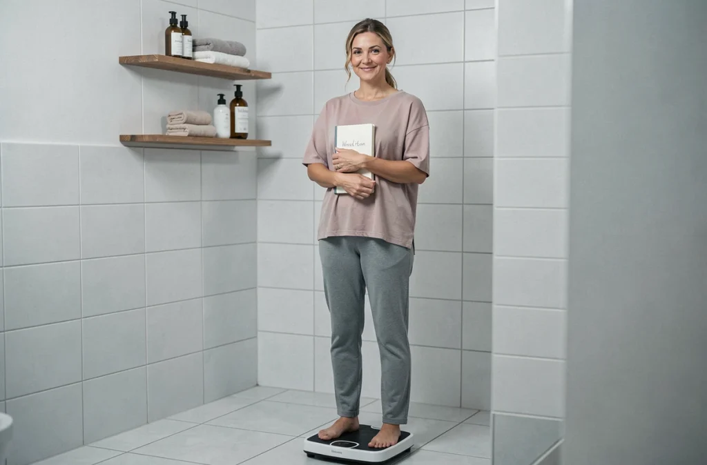Femme debout sur un pèse-personne tenant un journal de suivi, illustrant le bilan après plusieurs semaines de cure Lumilean dans un cadre salle de bain naturel