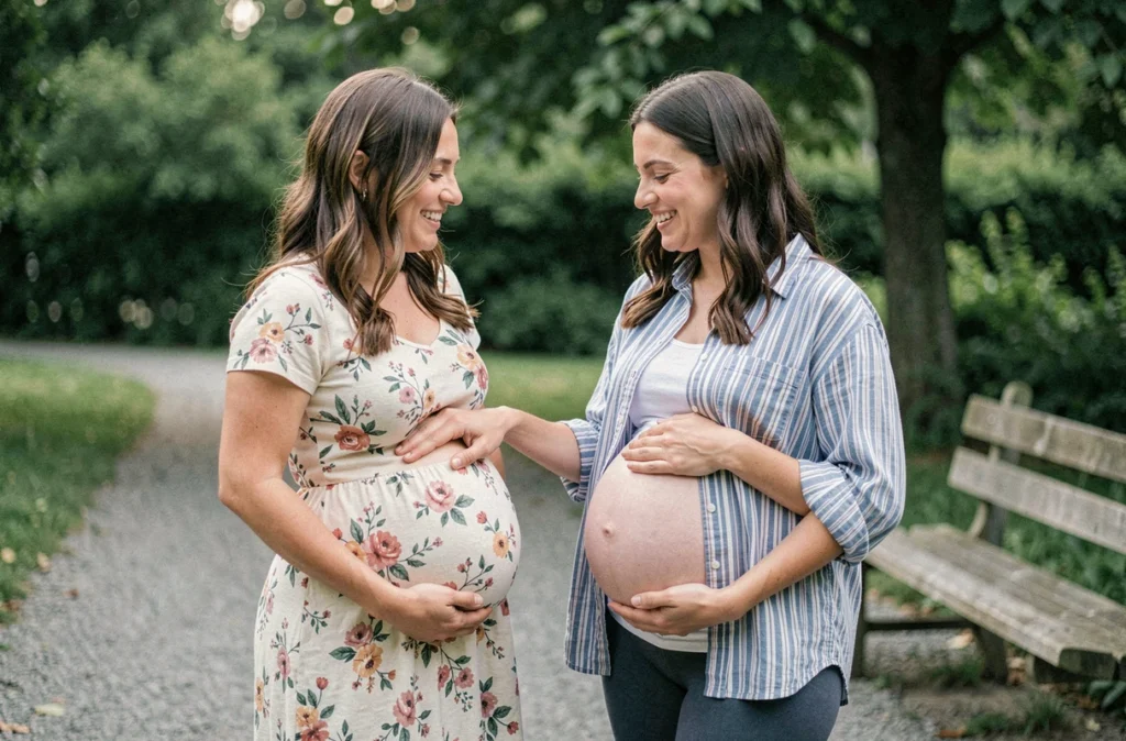 Comparaison entre une grossesse simple et une grossesse gémellaire avec deux femmes enceintes côte à côte dans un parc, montrant la différence de taille du ventre