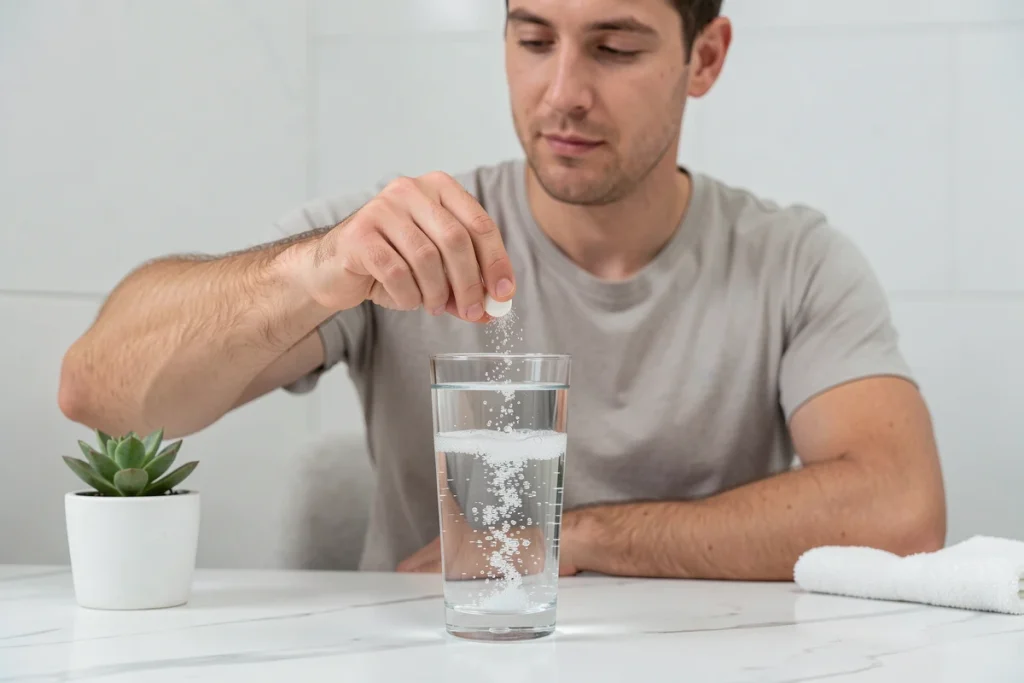 Homme faisant dissoudre un comprimé effervescent dans un verre d'eau sur un plan de travail en marbre blanc
