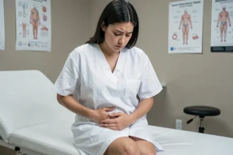 Femme inquiète en consultation dermatologique pour un bouton infecté au pubis avec poil incarné