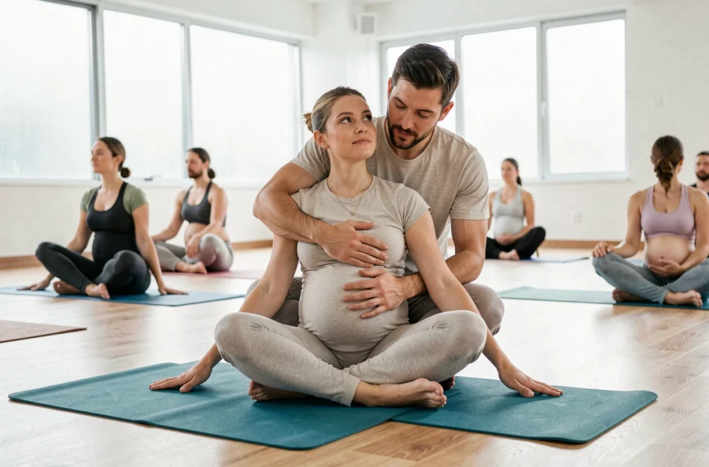 Couple participant ensemble à un cours de préparation à la naissance, le partenaire soutenant sa compagne enceinte pendant une séance de yoga prénatal