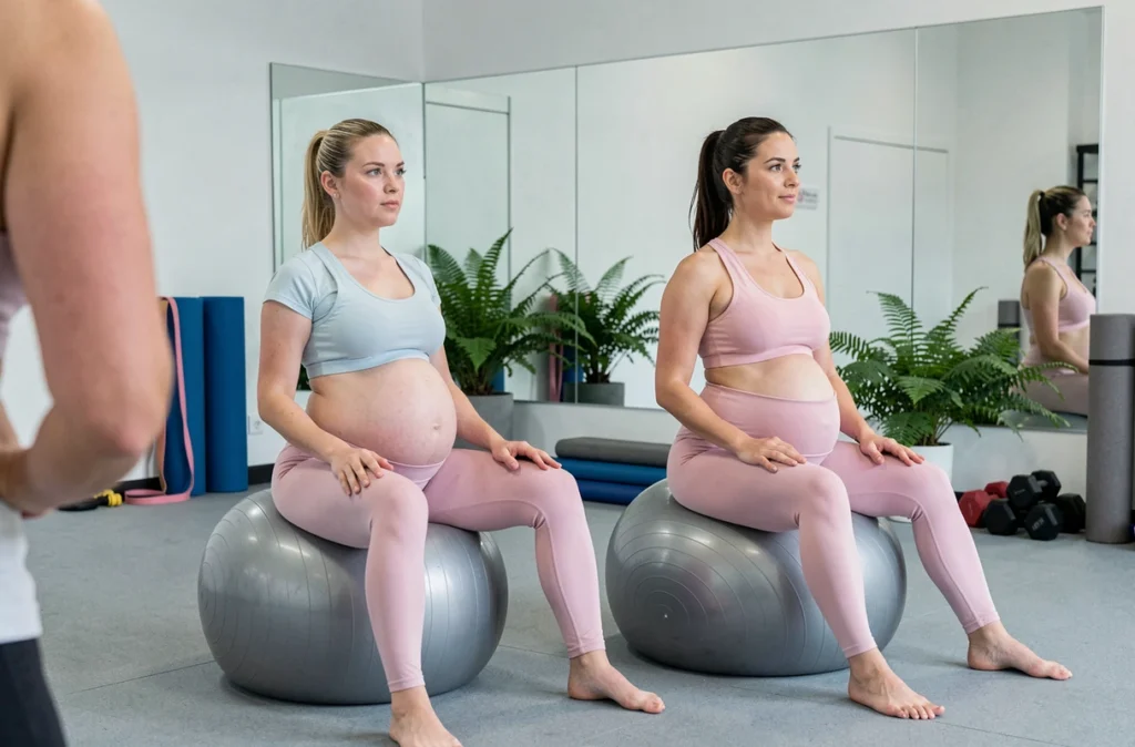 Deux femmes enceintes participant à un cours de fitness prénatal en studio avec ballon de grossesse