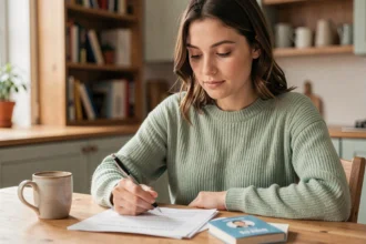 Jeune femme enceinte qui consulte des documents administratifs à une table en bois chez elle, carnet de maternité visible