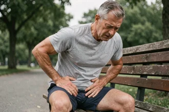 Homme d'âge moyen assis sur un banc dans un parc, tenant son aine droite avec une expression de douleur, illustrant une gêne musculaire à l'aine