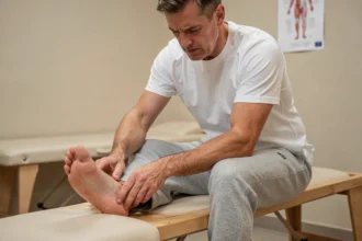 Homme appuyant sur le côté extérieur du pied pour localiser une douleur liée au nerf sural