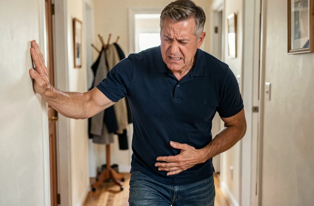 Homme debout dans un couloir de maison, grimaçant de douleur en tenant son aine droite, illustrant une douleur soudaine à l'aine