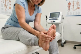 Femme tenant son talon gauche douloureux lors d'une consultation orthopédique