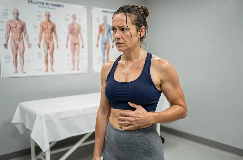 Femme sportive en cabinet de kinésithérapie ressentant une douleur au thorax lors de la respiration