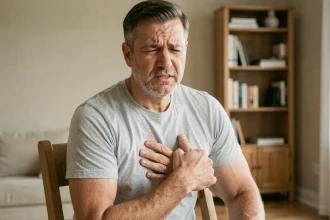 Homme adulte tenant sa cage thoracique avec une expression de douleur, symptôme possible d'une côte fêlée