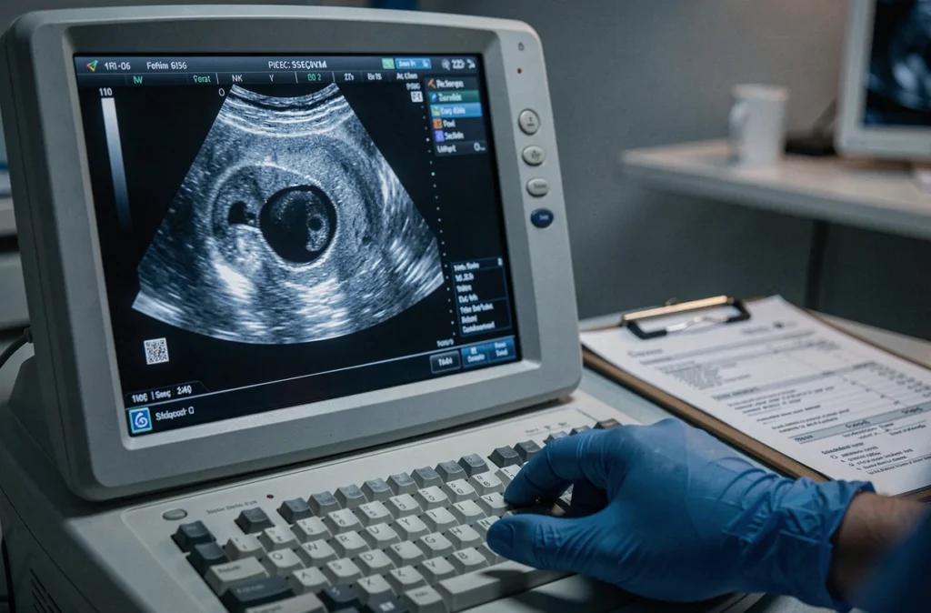 Écran d'échographie affichant un kyste ovarien détecté lors d'un examen radiologique pelvien