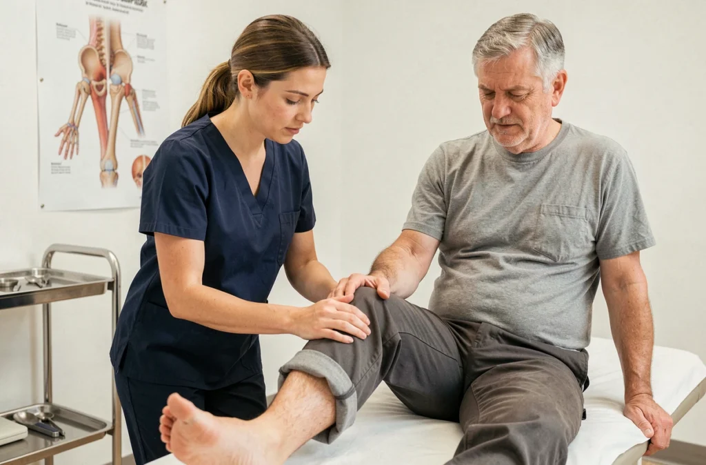 Kinésithérapeute examinant le genou enflé d'un patient souffrant d'épanchement articulaire en cabinet médical