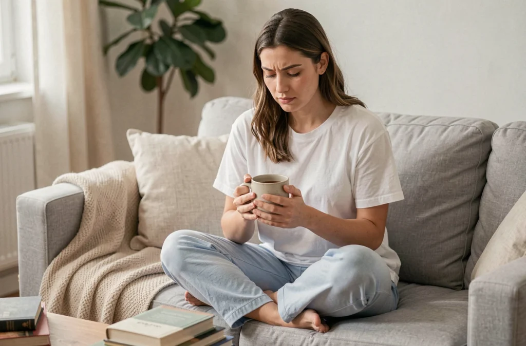 Femme fatiguée tenant une tasse de thé sur un canapé, illustrant la fatigue comme signe précoce de grossesse