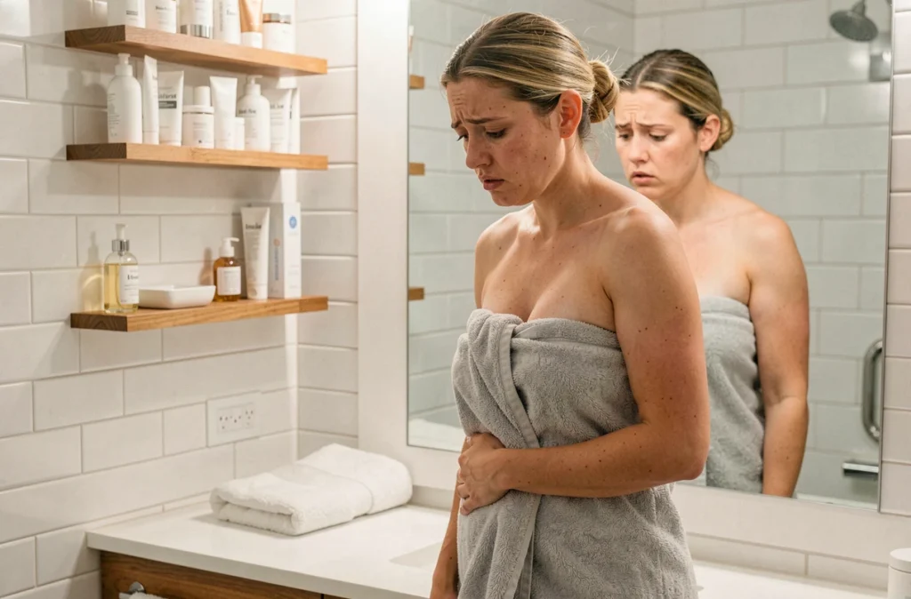 Femme s'examinant le bas-ventre dans un miroir de salle de bain pour détecter un poil incarné infecté au pubis