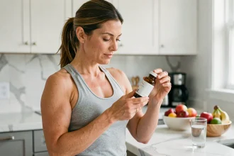 Femme tenant une bouteille de complément alimentaire Lumilean dans sa cuisine moderne, lisant l'étiquette avec attention dans le cadre d'une cure bien-être