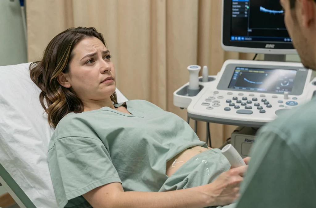Femme en consultation d'échographie pelvienne allongée sur une table d'examen médical