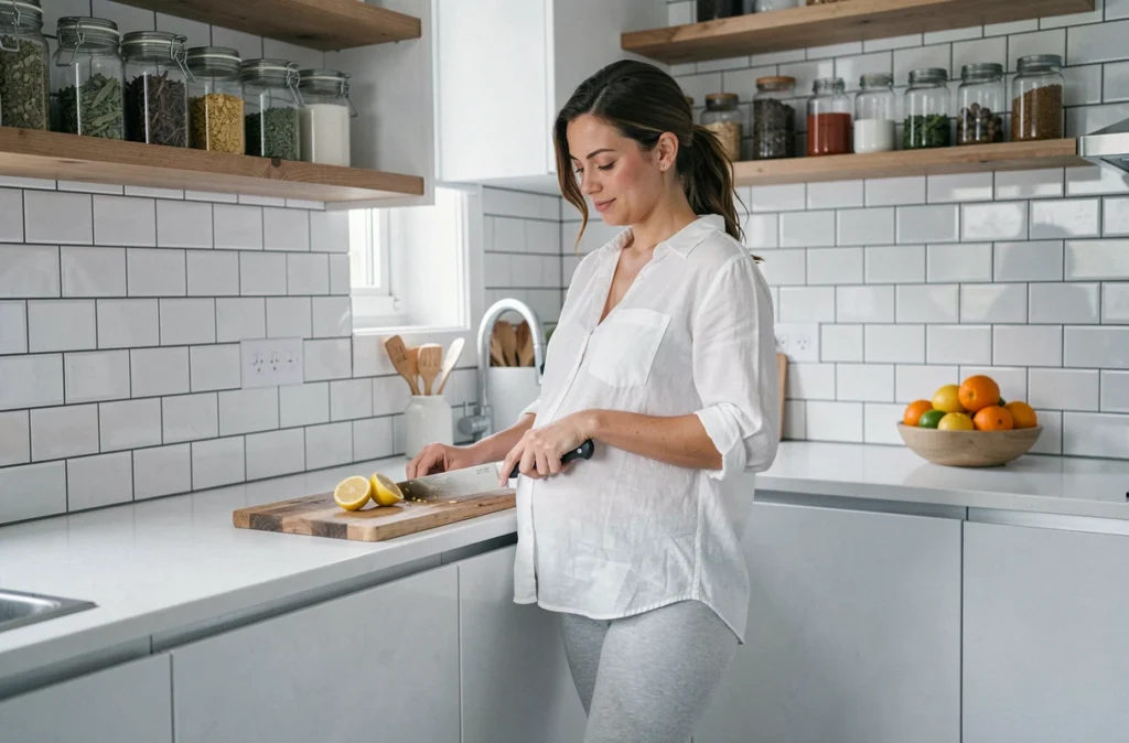 Femme enceinte préparant des citrons frais dans sa cuisine pour gérer les nausées du matin naturellement