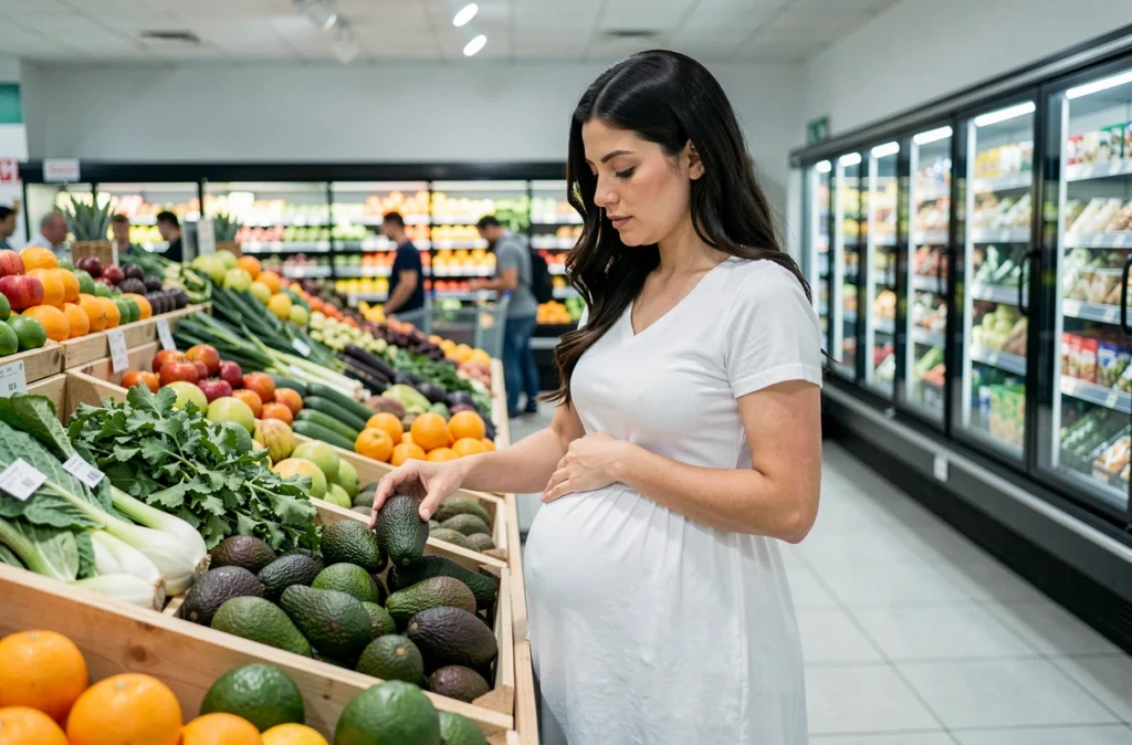 Femme enceinte choisissant des fruits et légumes frais au marché pour une alimentation saine pendant la grossesse