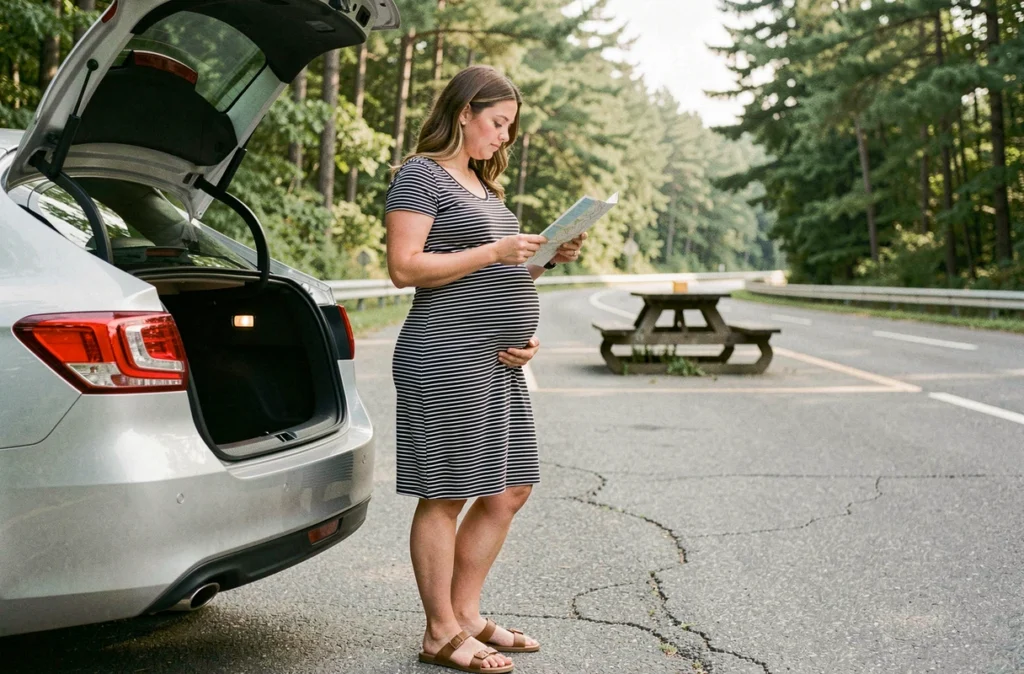 Femme enceinte debout près du coffre d'une voiture dans une aire de repos, consultant une carte routière pendant un voyage en voiture