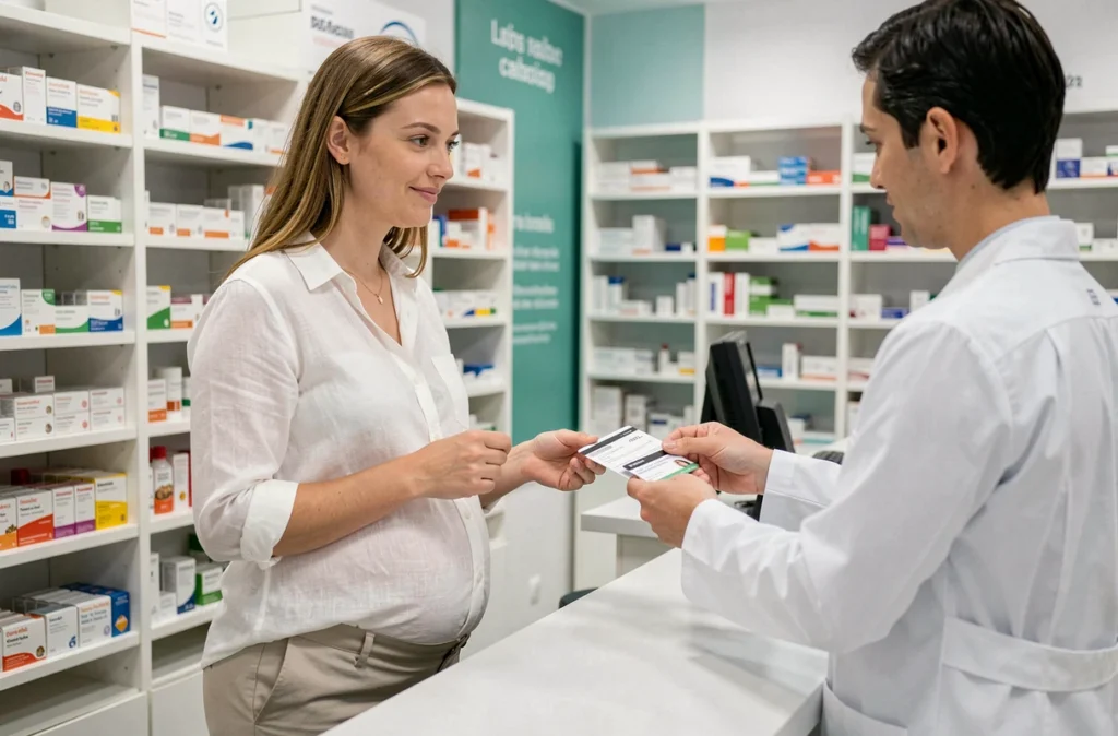 Femme enceinte remettant son ordonnance et sa carte Vitale à un pharmacien lors d'une démarche de remboursement en pharmacie