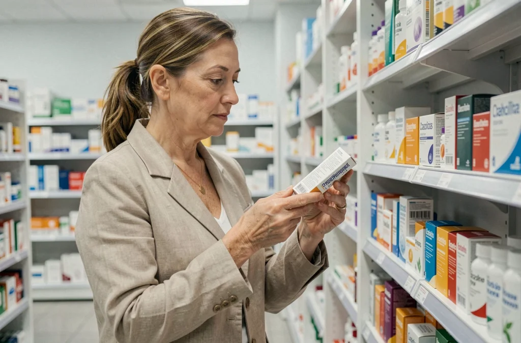 Femme en pharmacie comparant des compléments alimentaires dans le rayon santé