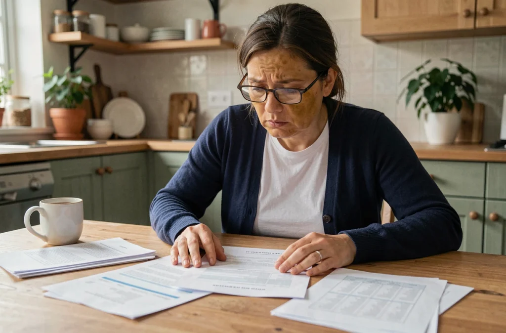 Femme consultant des résultats d'analyses médicales à la maison, évoquant la découverte tardive d'un cancer ou d'une maladie de Gilbert