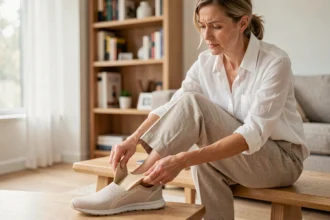 Femme insérant une semelle orthopédique pour épine calcanéenne dans sa chaussure de sport à domicile