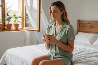 Jeune femme en pyjama tenant une tasse de thé au gingembre pour soulager les nausées matinales