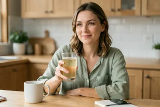Femme tenant un verre de boisson Bonjour effervescente dans une cuisine moderne, vue en plan rapproché