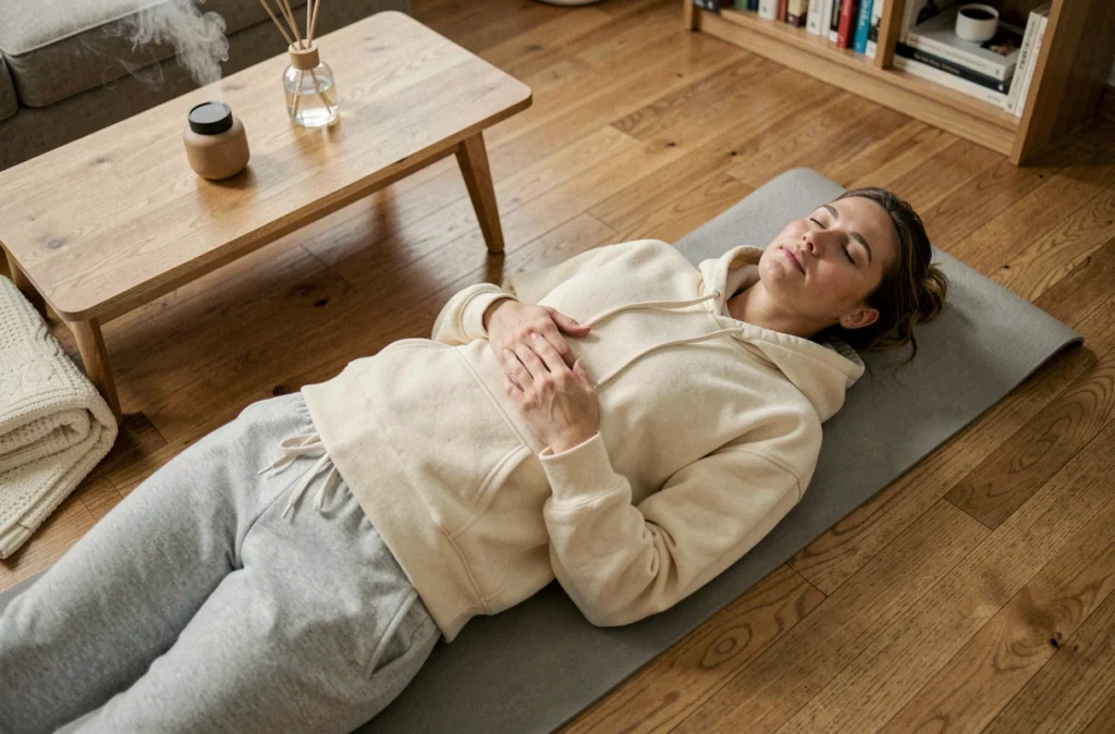 Femme allongée sur un tapis de yoga pratiquant la respiration pour soulager les nausées matinales sans médicaments