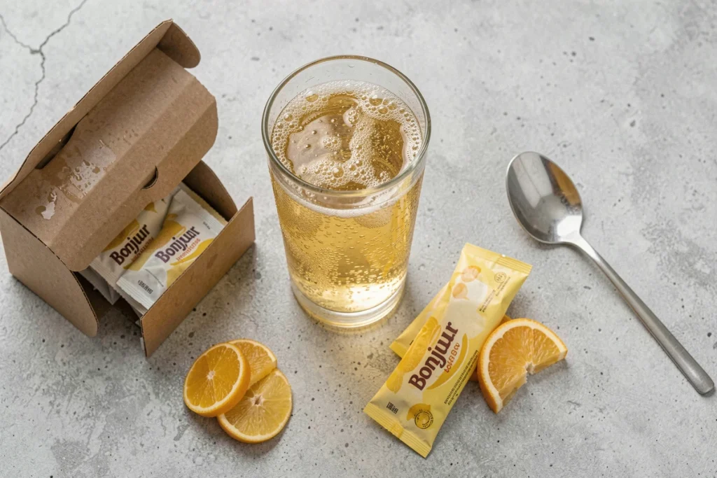 Flat-lay de la boisson Bonjour avec sachets, verre pétillant et tranches de citrus sur béton gris