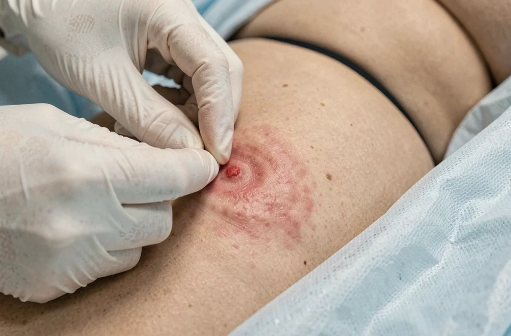 Gros plan d'un dermatologue examinant un bouton infecté avec poil incarné dans la zone du pubis