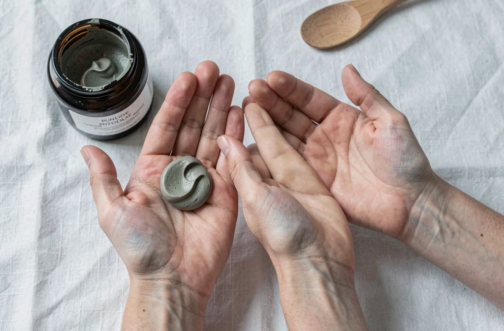 Gros plan sur des mains avec de l'argile Phytargile concentrée et peau saine comparées