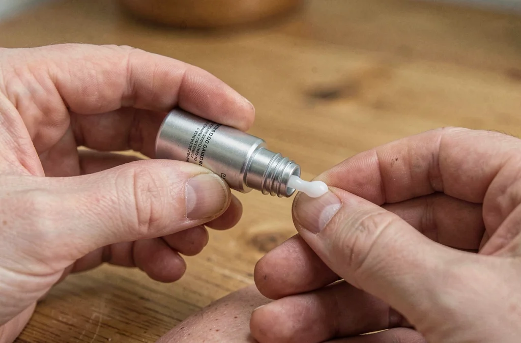 Gros plan sur l'application d'une pommade ophtalmique depuis un tube en aluminium sur la paupière inférieure