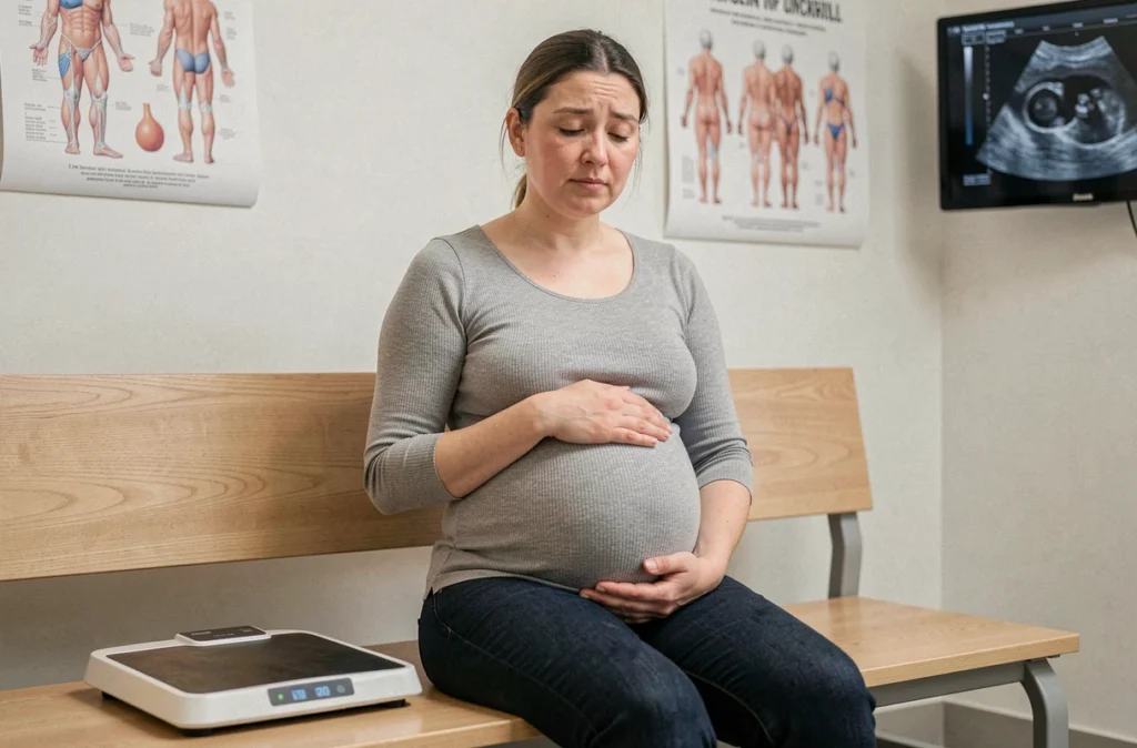 Femme enceinte de jumeaux avec un ventre très arrondi lors d'une consultation prénatale, illustrant les spécificités d'une grossesse gémellaire