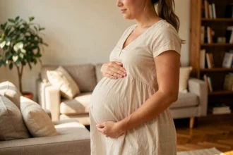Femme enceinte de grossesse simple tenant son ventre arrondi dans un salon chaleureux, illustrant les caractéristiques d'une grossesse unique
