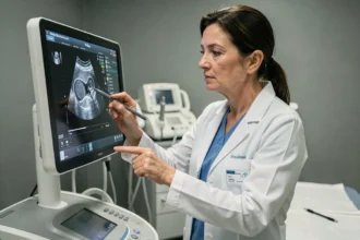 Gynécologue analysant une échographie pelvienne sur un écran médical en cabinet de consultation