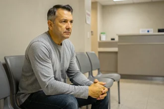 Homme d'âge moyen à la peau légèrement jaunâtre assis dans une salle d'attente médicale, illustrant la maladie de Gilbert et le diagnostic silencieux