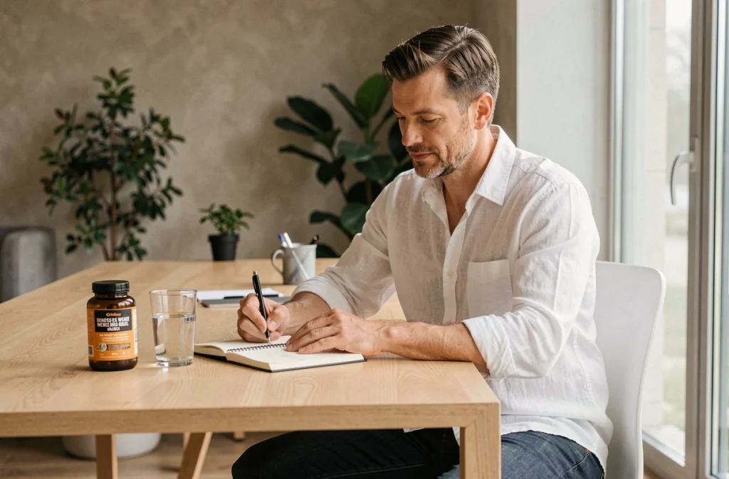 Homme prenant des notes dans un journal de suivi de cure Lumilean à son bureau, avec une bouteille de complément et un verre d'eau posés devant lui